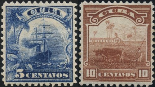 Cuba, 1899, Ocupación norteamericana, Transatlántico y Agricultura. Viñetas grabadas por Marcus Baldwin