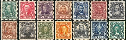 Serie regular completa de 1902-03, diseñada por Raymond Ostrander Smith. Baldwin grabó los retratos de Lincoln (5c), Webster (10c), Harrison (13c), Clay (15) y Farragut (1$). El resto de retratos los grabó George F. C. Smillie