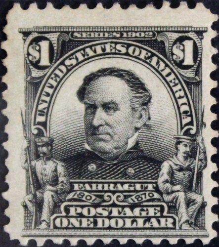 Estados Unidos, 1903, David Farragut. Diseño de Raymond Ostrander Smith. Baldwin grabó el retrato, Ponickau el marco y George Rose, letras y cifras