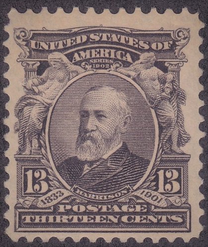 Estados Unidos, 1902, Benjamin Harrison. Diseño de Raymond Ostrander Smith. Retrato y marco grabados por Marcus Baldwin. Letras y cifras grabadas por Lyman F. Ellis