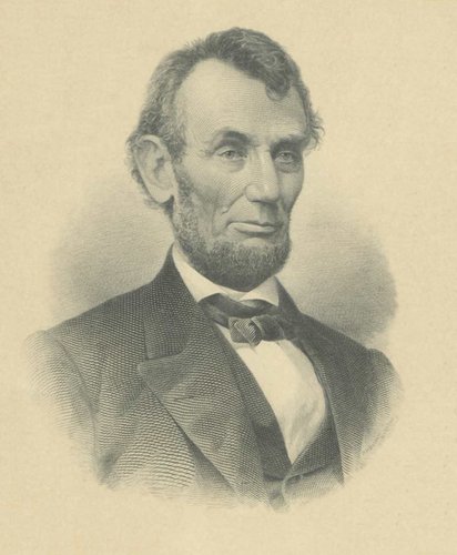 Retrato de Abraham Lincoln, de unos 13 x 9.5 cm, grabado por Baldwin en 1916