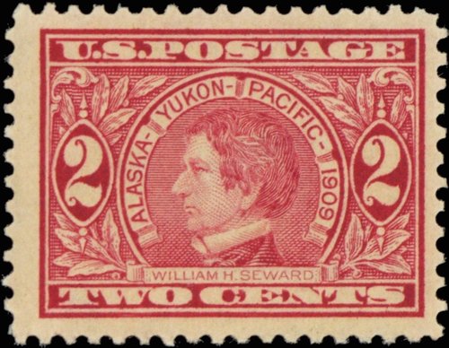 Estados Unidos, 1909, Exposición Alaska-Yukon-Pacific, William H. Seward. Diseño de Aubrey Huston, grabado de la viñeta de Baldwin. Marco y letras grabadas por Robert Ponickau y Edward Hall