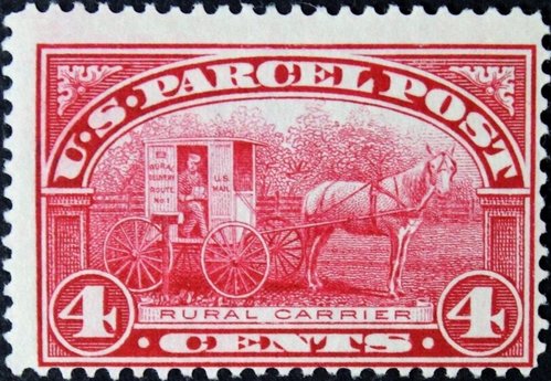 Estados Unidos, 1913, Parcel Post, 4c, Cartero rural. Diseño de C. Aubrey Huston. Baldwin grabó la viñeta