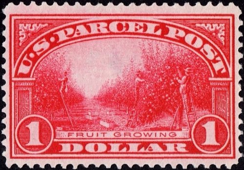 Estados Unidos, 1913, Parcel Post, 1 dólar, Recolección de la fruta. Diseño de Clair Aubrey Huston. Grabado de la viñeta de Marcus Baldwin