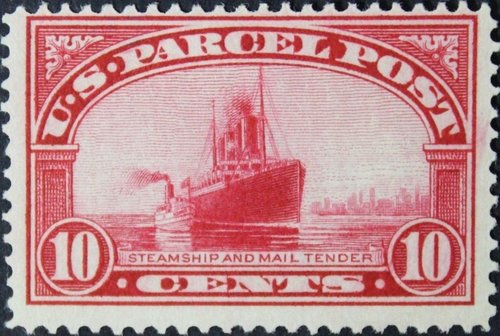 Estados Unidos, 1913, Parcel Post, 10c, Buque y barco del correo. Diseño de Clair Aubrey Huston. Grabado de la viñeta iniciado por Marcus Baldwin y finalizado por Charles Chalmers