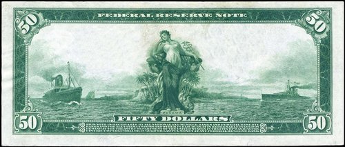 Reverso del billete de 50 dólares (1914-15). Sólo está acreditado que Baldwin grabó la figura central de “Panamá”