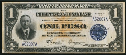 Billete de Filipinas de 1918. Baldwin grabó en el BEP el retrato del periodista y promotor Conant