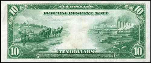Reverso del billete norteamericano de 10 dólares (1914), cuyas viñetas grabó Marcus Baldwin