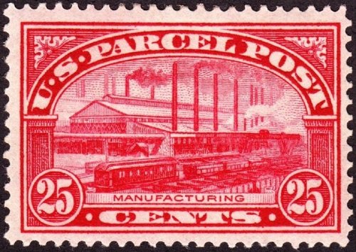 Sello concebido por Clair Aubrey Huston en 1912 (Parcel Post), que amplió el diseño para una de las viñetas del reverso del billete de 10 dólares de 1914