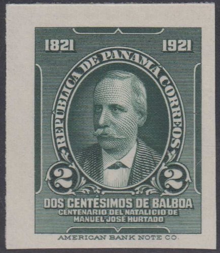 Uno de los primeros retratos que grabó Baldwin tras su llegada a la American Bank Note, fue este de Manuel José Hurtado para Panamá (1921)