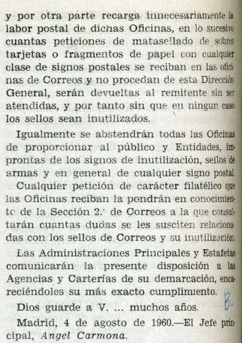 1960. Boletín Oficial de Correos. 1960-08-09. Número 1531. Dsposición 367. Petición de inutilización de signos de franqueo a las oficinas. Detalle 2.jpg