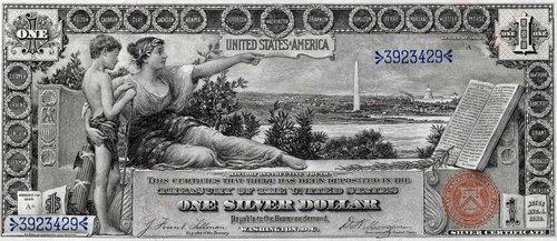 Anverso del billete educacional de 1 dólar de 1896. Diseño de Thomas F. Morris, a partir de una obra original del artista Will H. Low. La maravillosa viñeta fue grabada por Charles Schlecht