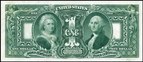 Reverso del billete de 1 dólar diseñado por Thomas F. Morris. Obsérvense las figuras de los ángulos, grabadas por Schlecht… ¡Qué maravilla!