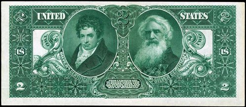 Reverso del billete de 2$, diseñado por Thomas F. Morris. Los retratos se corresponden con grabados de Charles Burt (Fulton) y Charles Schlecht (Morse)