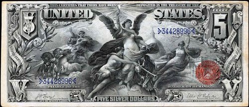 Anverso de este billete de 5$ (1897), con una alegoría de la Electricidad triunfante, obra de Walter Shirlaw y que grabó George F. C. Smillie