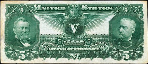 Reverso del billete de 5$, diseñado por Morris. Los retratos fueron grabados por Lorenzo J. Hatch, mientras que la figura central la grabó G. F. C. Smillie