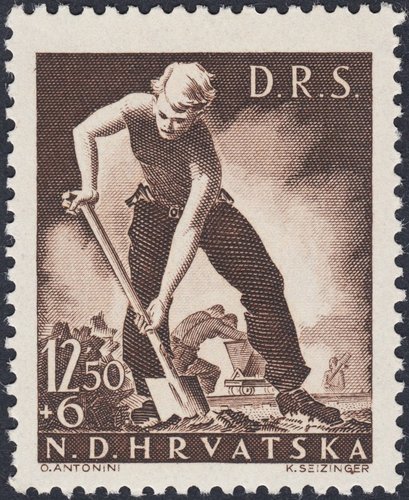 Croacia, 1944, Fuerza Laboral Estatal. Trabajador con una pala. Diseño de Otto Antonini y grabado de K. Seizinger
