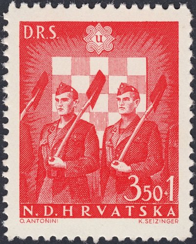 Croacia, 1944, Fuerza Laboral Estatal. Trabajadores desfilando. Diseño de Otto Antonini y grabado de K. Seizinger