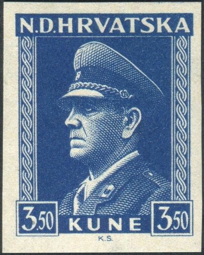 Sello sin dentar de la serie básica croata de 1933-44. Retrato de Ante Pavelić y diseño de Karl Seizinger