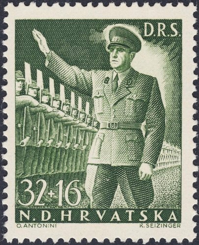 Croacia, 1944, Fuerza Laboral Estatal. Ante Pavelić en un desfile. Diseño de O. Antonini y grabado de K. Seizinger