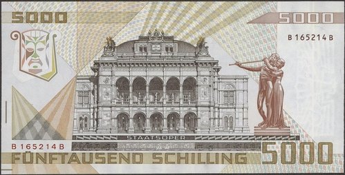 Austria, 1988-89, reverso del billete de 5000 chelines, para el que Leitgeb grabó la fachada de la Ópera Estatal de Viena (Staatsoper)