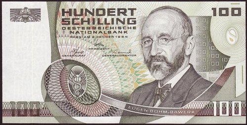 Austria, 1984-85, billete de 100 chelines austríacos. Leitgeb grabó el retrato del economista Eugen Böhm von Bawerk