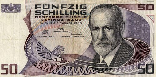 Austria, anverso del billete de 1986 de 50 chelines. Kurt Leitgeb grabó el retrato de Freud
