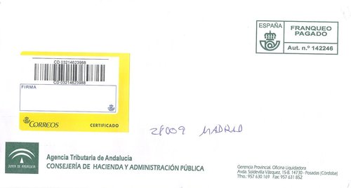 Franqueo Pagado. 142246. Agencia Tributaria de Andalucía. Sobre. Baja.jpeg
