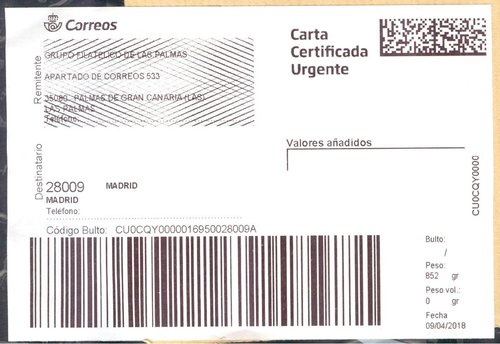 Etiqueta térmica digital. Grande. Las Palmas de Gran Canaria. Suc. 2018-04-09. Carta Certificada Urgente. 0,00. Baja.jpeg