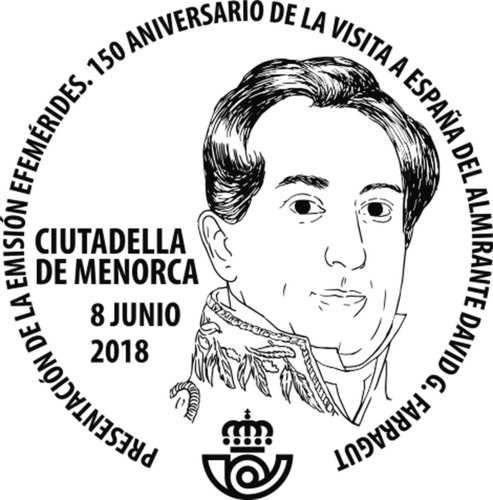 2018-06-08. Efemérides. 150 aniversario de la visita a España del Almirante David G. Farragut. Presentación. 2018-08-08. Carta. Anverso. Matasellos. Boceto. Baja.jpg