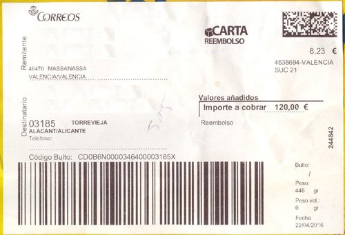 Etiqueta térmica digital. Grande. 4638694-Valencia Suc 21. 244842. Carta Reembolso. 8,23. 2016-04-22. 10x14,5. Baja.jpeg