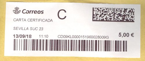 Etiqueta térmica digital. Nueva. Sevilla Suc 23. Carta certificada. 2018-09-13. 11.10. 4x10. 5,00 euros.jpeg