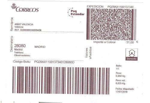 Etiqueta térmica digital. Grande. Paq. Estándar. (Valencia). Domiciio. Importe a cobrar 31,00 €. 10x14.5. 2018-07-17 (etiquetado). Baja.jpeg