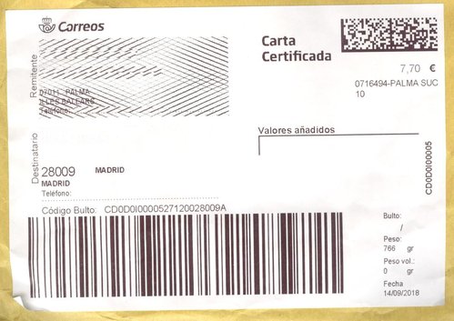 Etiqueta térmica digital. Grande. 0716494-Palma Suc 10. Código envío. Carta Certificada. 7,70 €. 10x14,6. 2018-09-14.Baja.jpeg
