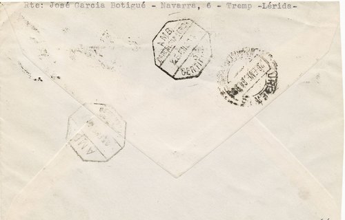 Ambulante. Barcelona-Lérida. AMB. Barcelona-Lerida. 3. Certificado. 1964-01-25. Carta. Reverso. Baja.jpg