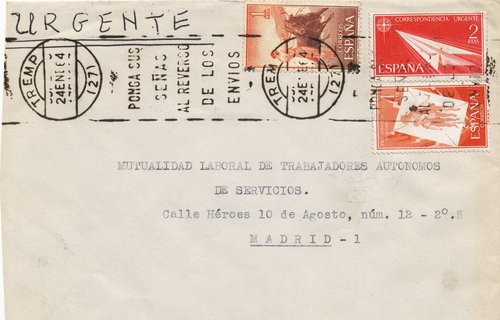 Ambulante. Barcelona-Lérida. AMB. Barcelona-Lerida. 3. Certificado. 1964-01-25. Carta. Anverso. Baja.jpg