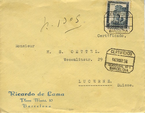 Ricardo de Lama / Carta certificada a Suiza 16 de marzo 1936