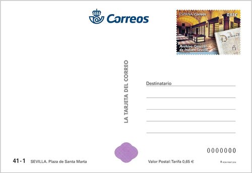 2018-10-31. Sevilla. Plaza de Santa Marta. Tarjeta prefranqueada. Anverso. Baja.jpg