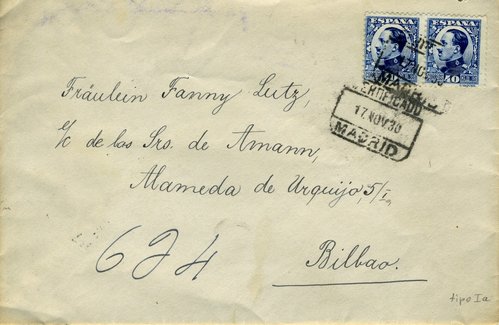 Carta certificada Madrid-Bilbao del 17.NOV.30<br />Colección Buzones