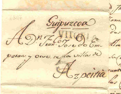 1807.- Vitoria a AzpeitiaMarca Vitoria en negro.<br />Texto relativo al paso de las tropas napoleonicas en ruta hacia Portugal.