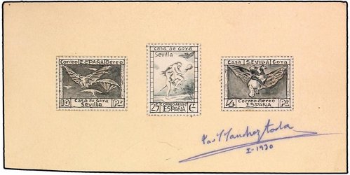 z 1930. PROYECTO A PLUMILLA en cartulina con 3 val. adheridos, uno no adoptado. Firmado Sánchez Toda enero 1930..jpg
