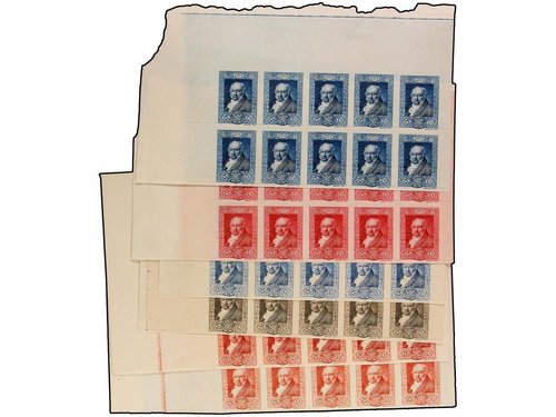 z Gálvez 2564-7 CTA. 1930. PRUEBAS DE PLANCHA. Incluye los 3 valores catalogados más azul oscuro, naranja y rosa naranja. Todos en bloque de 10, todos.jpg