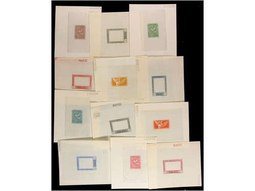 z Gálvez CA 144-CA 172 CTA. 1930. PRUEBAS DE LOS PUNZONES DEFINITIVOS. Marcos y centro impresos separadamente en los colores adoptados. 29 val. 1.jpg