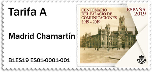 Etiqueta Franqueadora ATM. Madrid Chamartín. 2019-1. Centenario del Palacio de Comunicaciones 1919-2019. Tarifa A. B1ES19 ES01-0001-001. Boceto.jpg