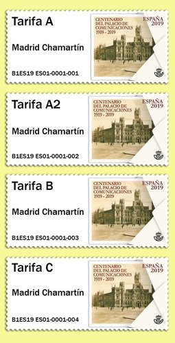 Etiqueta Franqueadora ATM. Madrid Chamartín. 2019-1. Centenario del Palacio de Comunicaciones 1919-2019. Juego de 4 tarifas. B1ES19 ES01-0001-001 a 004. Boceto.jpg