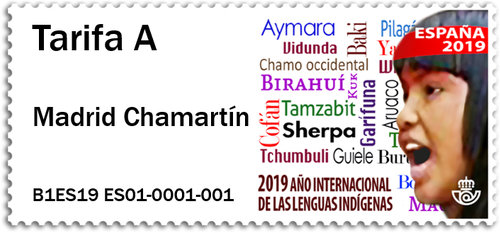 Etiqueta Franqueadora ATM. Madrid Chamartín. 2019-2. Año Internacional de las Lenguas Indígenas. Tarifa A. B1ES19 ES01-0001-001. Boceto.jpg