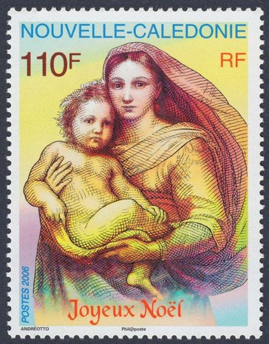 Nueva Caledonia, 2006, Navidad, “La Madonna Sixtina”, de Rafael Sanzio. Sell diseñado y grabado por Claude Andréotto. Calcografía y offset
