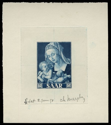 Prueba de artista del maravilloso sello grabado por Charles Mazelin en 1954 (Saar)