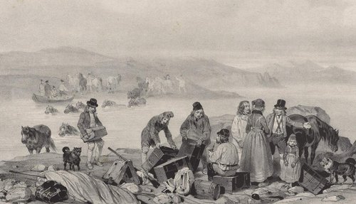 Litografía del dibujo original de Auguste Mayer (Vado de Hvítá, cerca de Skalholt), impresa en París por Arthus Bertrand en 1838