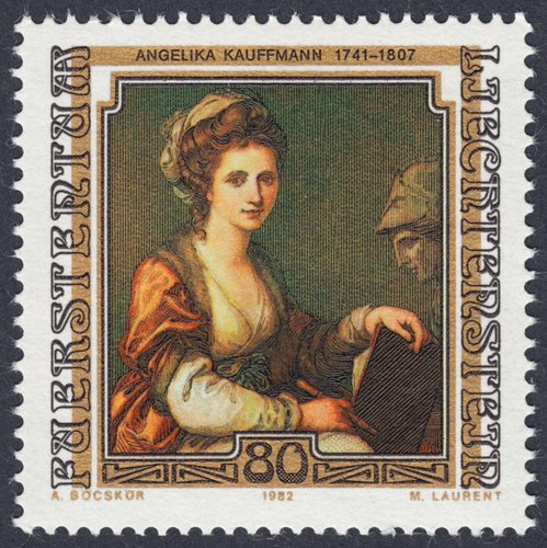 Liechtenstein, 1982, Autorretrato con busto de Minerva, de Angelika Kauffmann. Sello diseñado por Auguste Böcskör y grabado por Maria Laurent. Calcografía y huecograbado